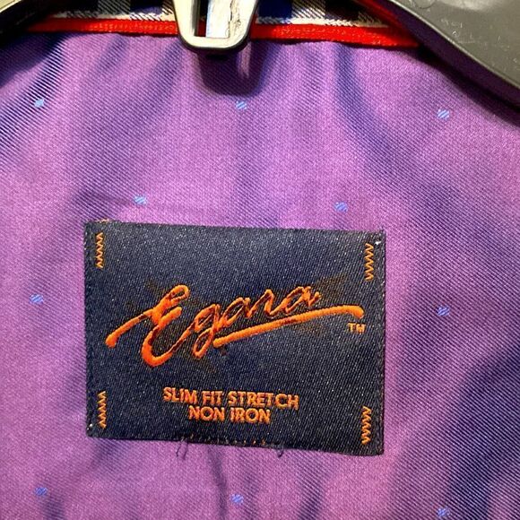 Egara Men's plaid blue, tan and white button up shirt. slim fit stretch. Size M - Picture 3 of 4